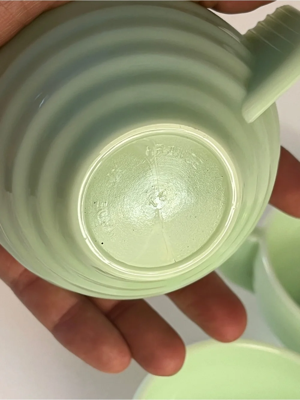 Vintage Jadeite Cup Set 7 Art Deco Style Ribbed Milk Glass Coffee Cups - FRANCE